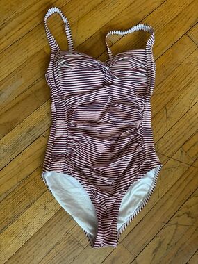 Ruched Red and White Striped One-Piece Swimsuit